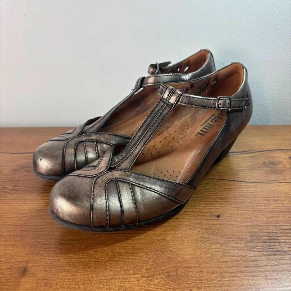 Cobb Hill New Balance Metallic Bronze Pewter Leather T-Strap Mary Jane Heels 8.5